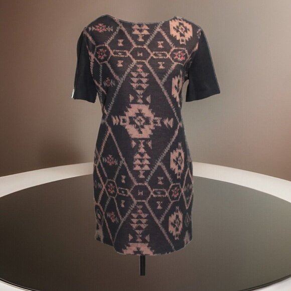 Sandro Short Sleeve Zipper Leather Trim Mini Dress Black w/ Aztec Print Size 2 - Picture 1 of 8